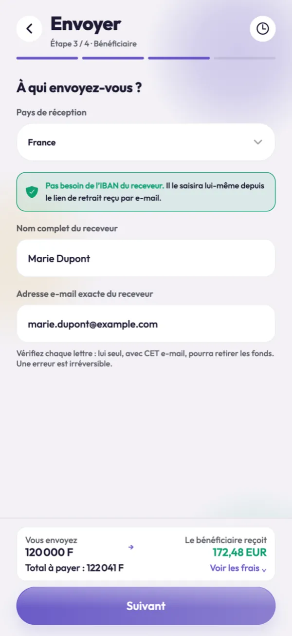 Saisie du pays, du nom et de l'e-mail du bénéficiaire en Europe
