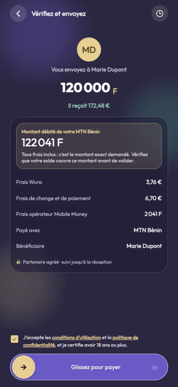 Récapitulatif de l'envoi : montant débité, frais détaillés et montant reçu en euros